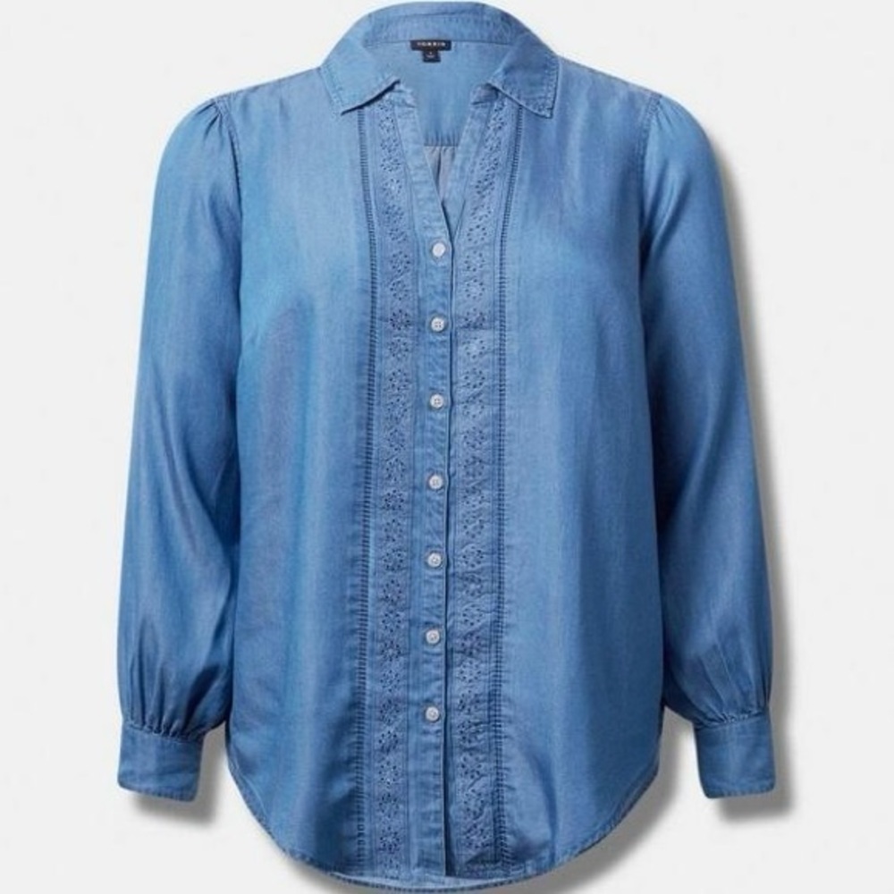 Torrid Chambray Button Up Shirt with Eyelet Detail Size 1
